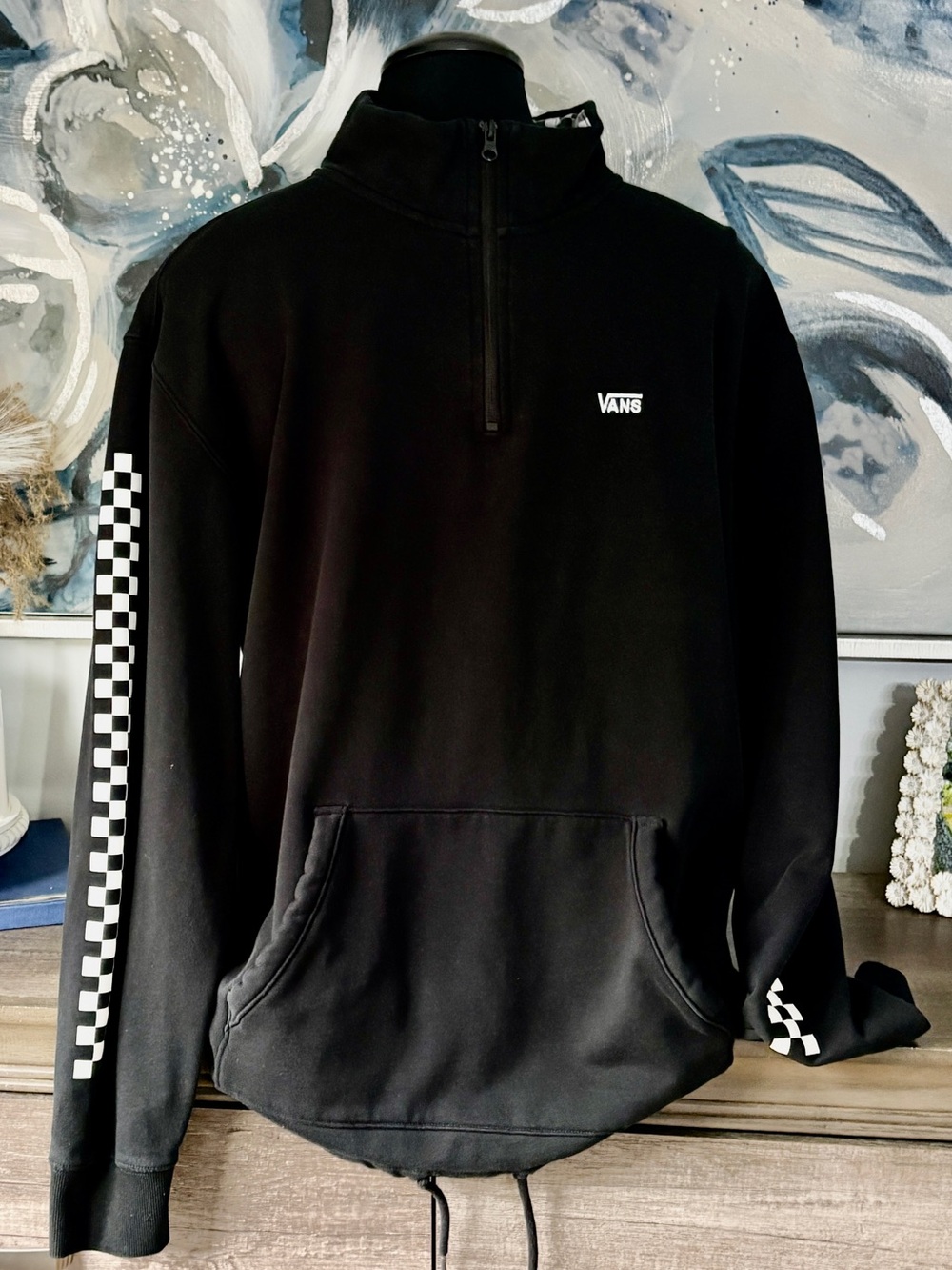 Vans Men’s Black Half-Zip Pullover with Checkerboard Sleeve